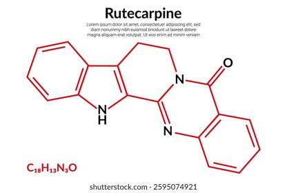 Rutecarpine or rutaecarpine, non-basic alkaloid, molecular structure formula, suitable for education or chemistry science content. Vector illustration