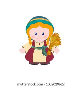 Ruth with Sheaf of wheat on white background. Cartoon character.