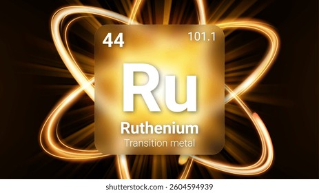 Ruthenium (Ru) (044) Transition Metal, Glass Morphism Element Futuristic Neon Light Glow Background Periodic Table, Chemical Symbol, Name, Atomic Mass, Atomic Number, Vector Illustration