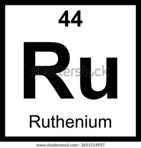 Ruthenium (Ru) periodic table of elements tile. Icon with atomic number 44. Platinum group precious metal used as a versatile catalyst.