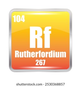 Símbolo do elemento Rutherfordium. Número atômico 104. Massa 267. Ícone de quadrado amarelo.