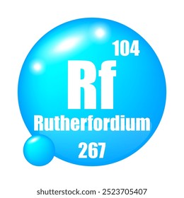 Ícone do Rutherfordium. Rf elemento químico. Número atômico 104. Massa 267. Símbolo de esfera azul.