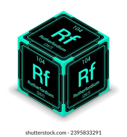 Rutherfordium (Rf) (104) - Fundamental Element Futuristic Cybernetic Cube Block Isometric View, Icon Isolated White Background, Periodic Table, Chemical Symbol, Name, Atomic Mass, Atomic Number