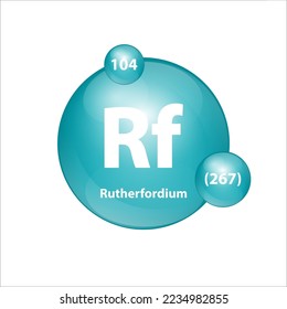 Estructura de icono de Rutherfordium (Rf) elemento químico forma redondeada círculo oscuro, azul. Tabla periódica Firma con número atómico. Estudio en ciencia para la educación. Vector de ilustración 3D.