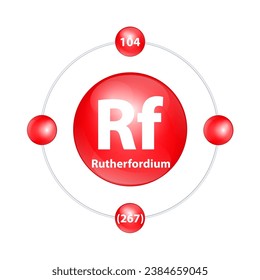 Rutherfordium (Rf) Icon structure chemical element round shape circle light red with surround ring. 3D Illustration vector. Period number shows of energy levels of electron Study science for education