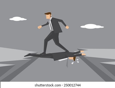 Ruthless business executive puts colleague in dangerous position and steps on him to get to other side. Conceptual vector illustration for workplace and office politics.