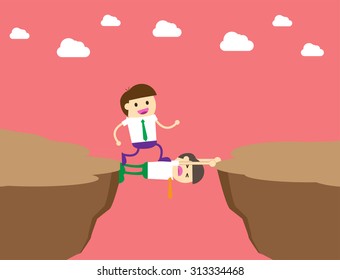 ruthless businessman walking over a rival businessman. Businessman is laying down across the cliff so the others can happily walk on his body to move on.