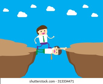 ruthless businessman walking over a rival businessman. Businessman is laying down across the cliff so the others can happily walk on his body to move on.