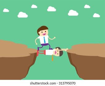 ruthless businessman walking over a rival businessman. Businessman is laying down across the cliff so the others can happily walk on his body to move on.Business concept,vector,oppressive, man,finance