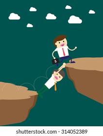 ruthless businessman walking over a rival businessman. Businessman is laying down across the cliff so the others can happily walk on his body to move on. Cartoon Flat design