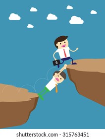ruthless businessman walking over a rival businessman. Businessman is laying down across the cliff so the others can happily walk on his body to move on.Business concept,vector,oppressive, man,finance