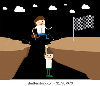 ruthless businessman walking over a rival businessman. Businessman is laying down across the cliff so the others can happily walk on his body to move on.Business concept,vector,oppressive,man,finance.