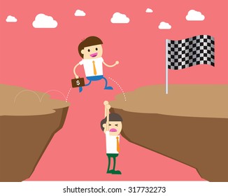 ruthless businessman walking over a rival businessman. Businessman is laying down across the cliff so the others can happily walk on his body to move on.Business concept,vector,oppressive,man,finance.