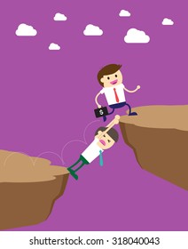 ruthless businessman walking over a rival businessman. Businessman is laying down across the cliff so the others can happily walk on his body to move on.Business concept,vector,oppressive, man,finance
