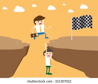 ruthless businessman walking over a rival businessman. Businessman is laying down across the cliff so the others can happily walk on his body to move on.Business concept,vector,oppressive,man,finance.