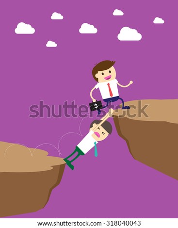 ruthless businessman walking over a rival businessman. Businessman is laying down across the cliff so the others can happily walk on his body to move on.Business concept,vector,oppressive, man,finance