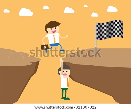 ruthless businessman walking over a rival businessman. Businessman is laying down across the cliff so the others can happily walk on his body to move on.Business concept,vector,oppressive,man,finance.