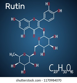 Rutin molecule (vitamin P). Structural chemical formula and molecule model on the dark blue background. Vector illustration