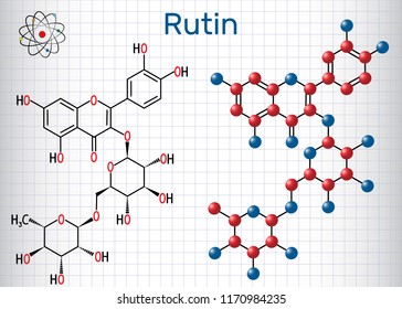 Rutin molecule (vitamin P). Structural chemical formula and molecule model. Sheet of paper in a cage.Vector illustration