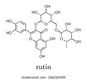 Rutin (rutoside, sophorin) molecule. Herbal glycoside composed of quercetin and rutinose. Skeletal formula.