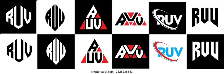 RUV letter logo design in six style. RUV polygon, circle, triangle, hexagon, flat and simple style with black and white color variation letter logo set in one artboard. RUV minimalist and classic logo
