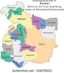 Ruwer verbandsgemeinde map of Trier-Saarburg district Rhineland-Palatinate state in Germany. Vectored. Colors shamrock, concrete, polo blue, drover, orchid, silver, caramel
