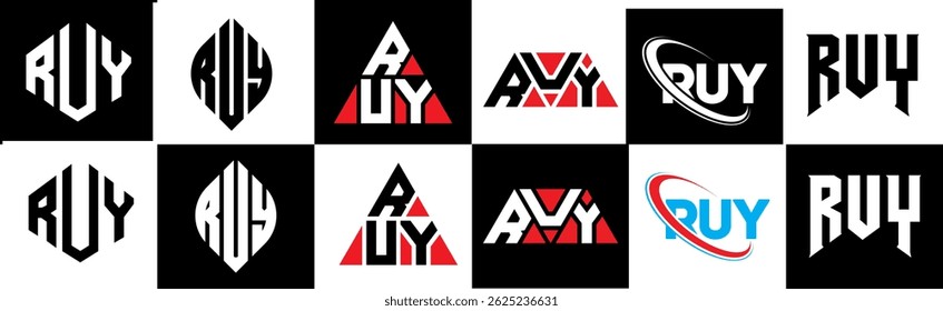 RUY letter logo design in six style. RUY polygon, circle, triangle, hexagon, flat and simple style with black and white color variation letter logo set in one artboard. RUY minimalist and classic logo