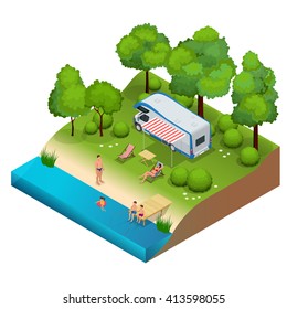 RV camper in camping, family vacation travel, holiday trip in motorhome  Flat 3d vector isometric illustration