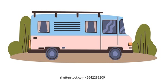 RV camper carro para viajantes, camping van isolada com conveniências e acomodação em viagens. Automóvel isolado por vetor para viagens de longa distância. Motorhome com espaço para dormir e descansar