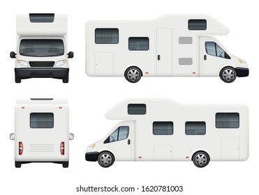 Rv camper. Realistic family camping trailer for travelling and have a rest car back top and front sides view vector set