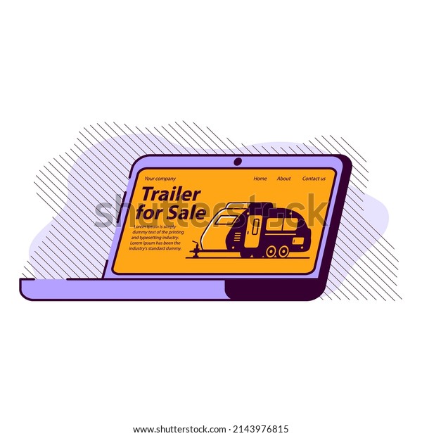 Rv camper trailer purchase.Truck camper\
sale.Travel trailers.Motorhome caravan car laptop website.Website\
banner concept. Line art vector\
illustration.