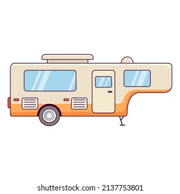 Rv Camper Trailer.Truck Campe.Travel Trailers.Motorhome Caravan Car.Isolated On White Background. Line Art Vector Illustration.