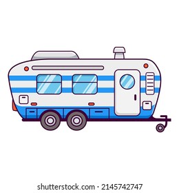 Rv Camper Trailer.Truck Campe.Travel Trailers.Motorhome Caravan Car.Isolated On White Background. Line Art Vector Illustration.