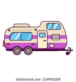 Rv Camper Trailer.Truck Campe.Travel Trailers.Motorhome Caravan Car.Isolated On White Background. Line Art Vector Illustration.