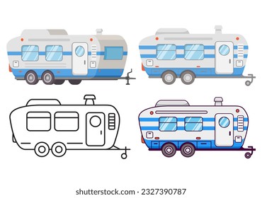 Rv Camper Anhänger.Truck Campe.Trailer.Wohnmobil. Einzeln auf weißem Hintergrund. Line Art Vektorgrafik.Road Trip. Rahmenvektorgrafik.