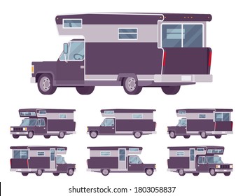 RV camper van car, recreational vehicle. Motorhome trailer with living accommodations, holiday caravan for journey, convenient home on wheels. Vector flat style cartoon illustration, different views