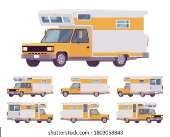 RV camper van car, recreational vehicle. Motorhome trailer with living accommodations, holiday caravan for journey, convenient home on wheels. Vector flat style cartoon illustration, different views