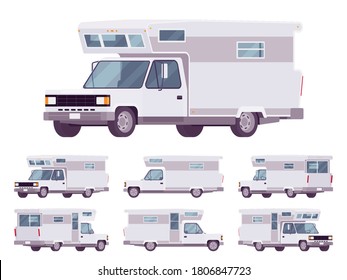 RV camper van car, recreational vehicle set. Motorhome trailer with living accommodations, holiday journey caravan, convenient home on wheels. Vector flat style cartoon illustration, different views