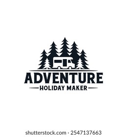  RV Camper Van Caravan Mobile Car Vehicle Silhueta com Pine Spruce Tree para Forest Camp Adventure Trip Logo Design