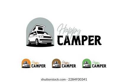 RV camper van classic style logo vector illustration, camper van with pop up - roof top tent illustration logo design svg