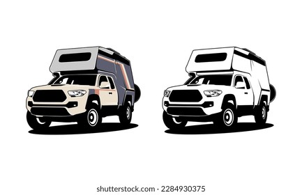 RV camper van classic style logo vector illustration, camper truck with roof top tent illustration logo vector