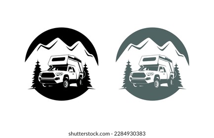 RV camper van classic style logo vector illustration, camper truck with roof top tent and pine forest illustration logo vector