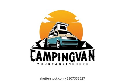 RV camper van classic style logo vector illustration, camper van with pop up - roof top tent illustration logo design svg