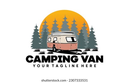 RV camper van classic style logo vector illustration, Perfect for RV with Sun and pine forest