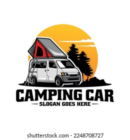 RV camper van with roof top tent illustration logo