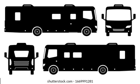 RV camper van silhouette on white background. Vehicle icons set view from side, front and back