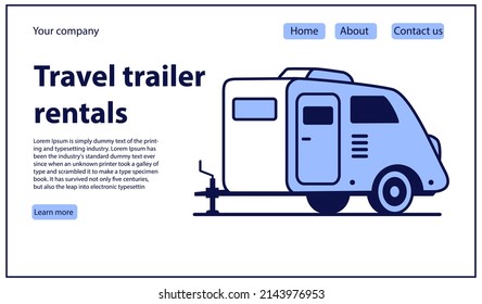 RV camper van travel.Trailer rental website banner concept..Vector flat illustration. Campervan rental related business.