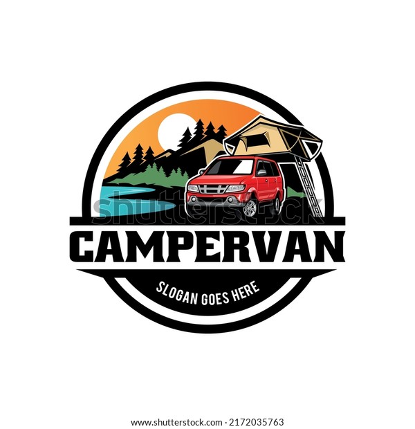RV camper van vehicle with roof tent illustration
logo vector