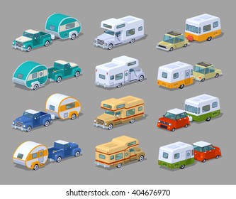 RV campers collection. 3D lowpoly isometric vector illustration. The set of objects isolated against the grey background and shown from two sides