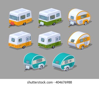 RV campers collection. 3D lowpoly isometric vector illustration. The set of objects isolated against the grey background and shown from two sides